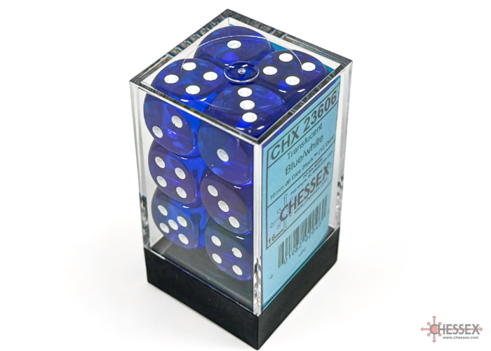 Translucent Blue/white 16mm d6 Dice Block (12 dice) - CHX23606